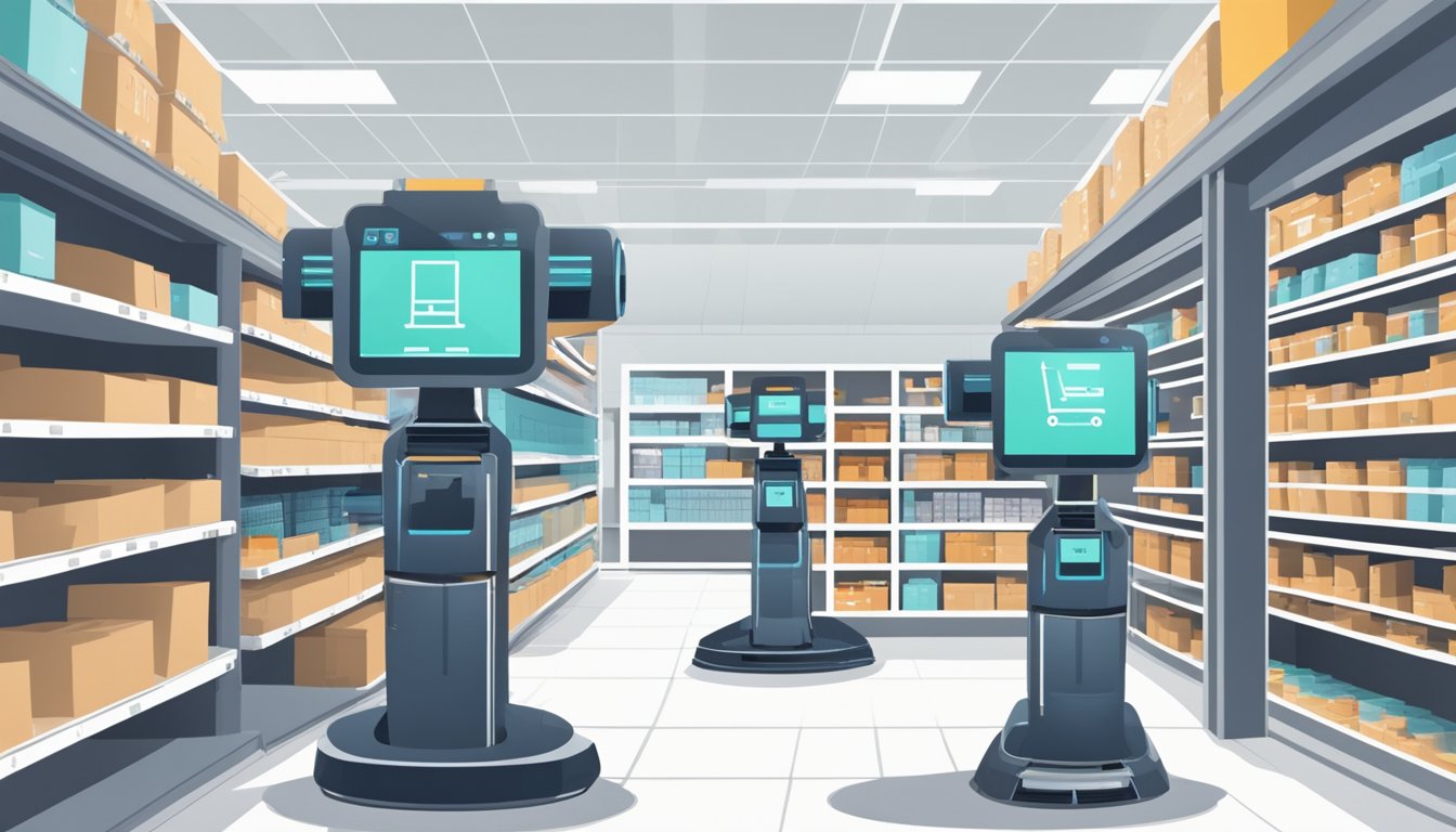 An AI-powered robot scans inventory in a retail store, while an automated system manages orders in an e-commerce warehouse