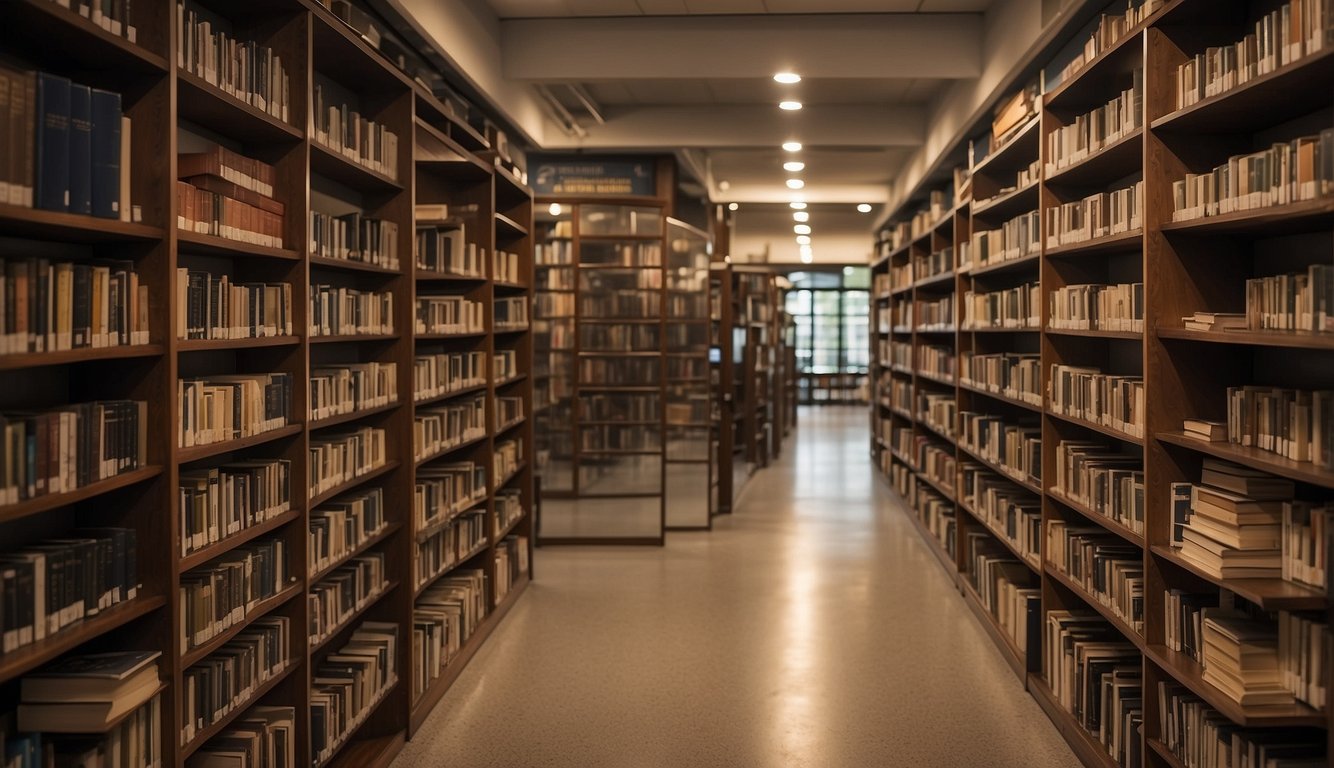 A library with shelves filled with different types of books, each labeled with a different subgenre in literature. Some books are open, showing examples of each subgenre