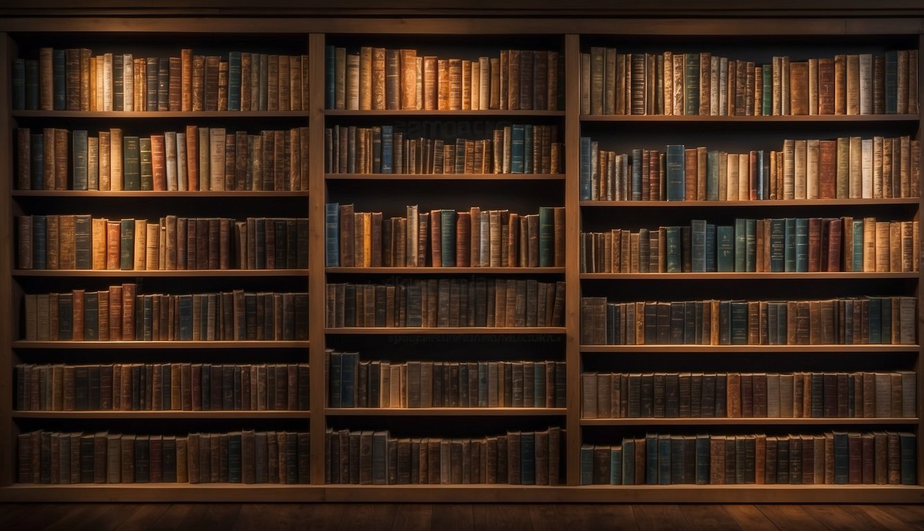 A bookshelf filled with various subgenre books, from fantasy to mystery, with labels indicating their origins and history