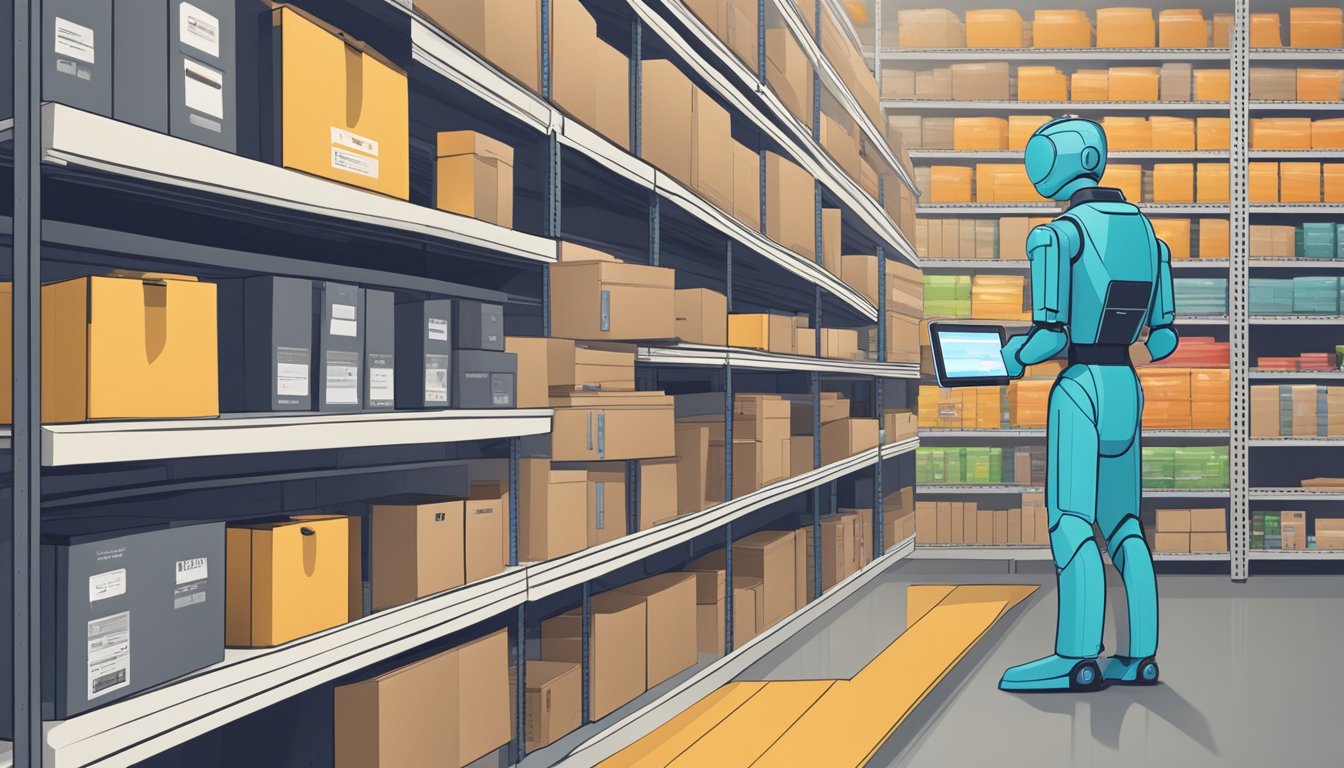A warehouse robot scans shelves while a digital screen displays personalized product recommendations to a customer