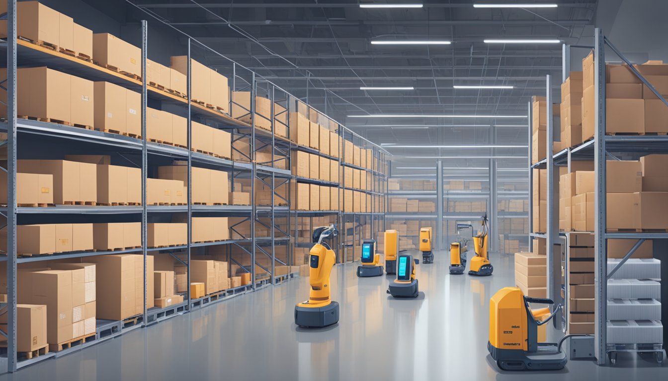 A warehouse with AI-powered robots organizing inventory, while AI algorithms analyze customer data for personalized engagement
