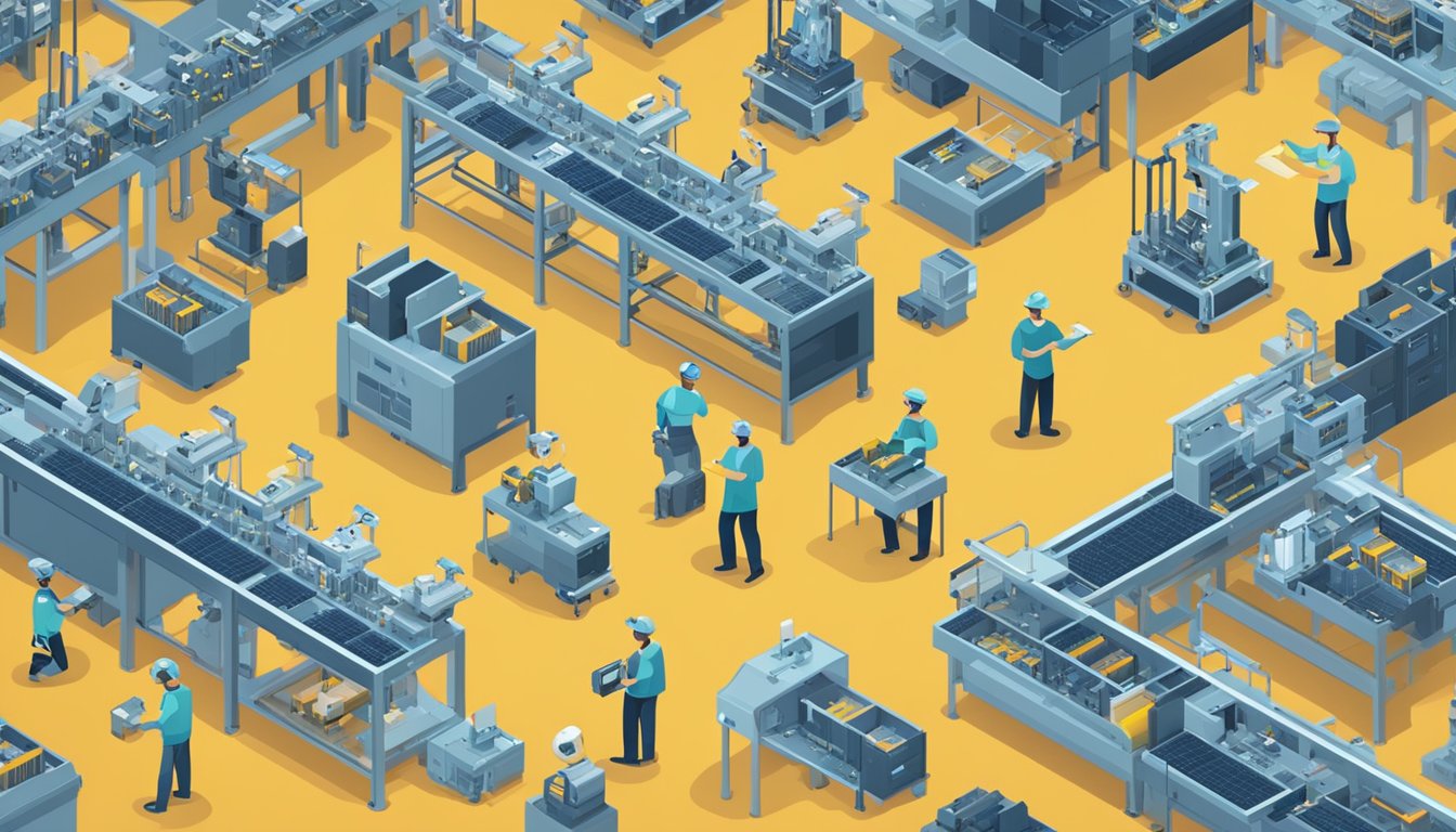 A bustling factory floor with robots assembling products. Drones fly overhead, scanning inventory. AI monitors production efficiency and predicts supply chain needs