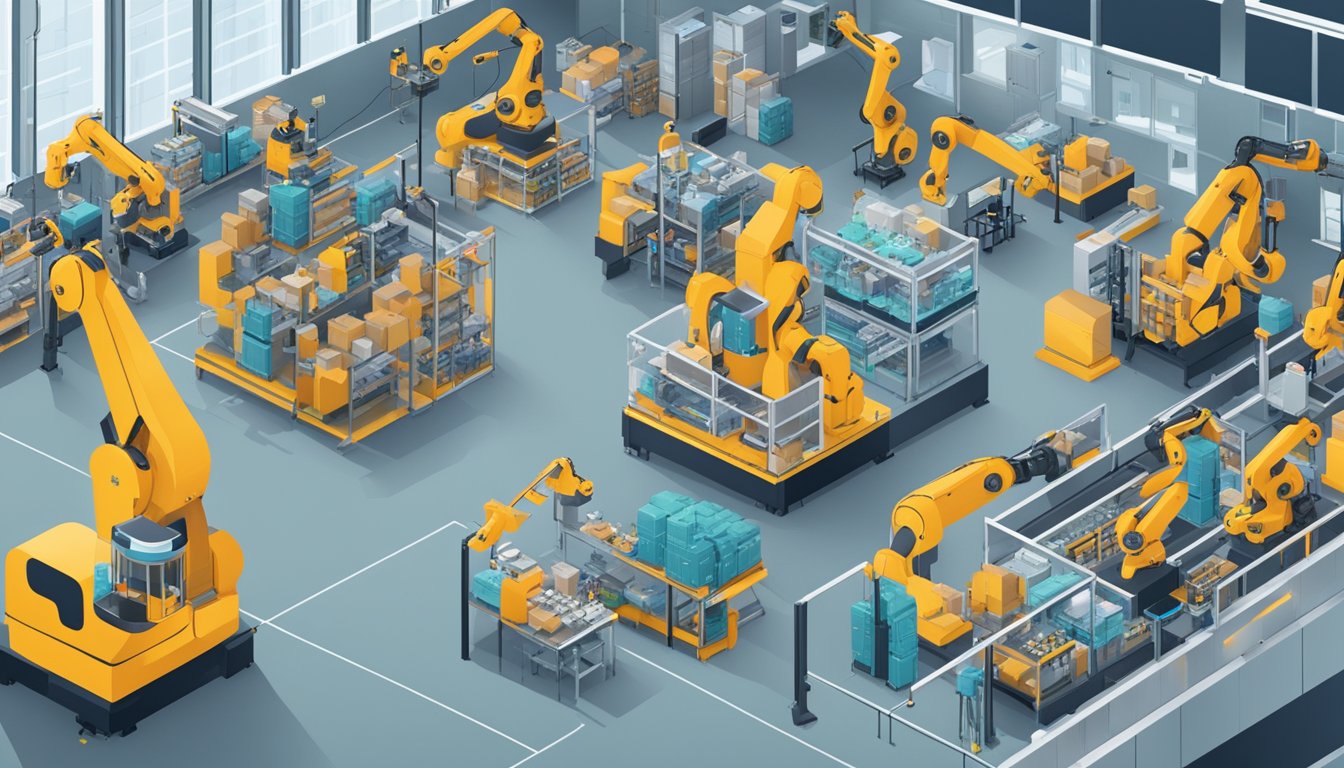 A factory floor with robotic arms sorting and packing products, while AI algorithms monitor and optimize production processes