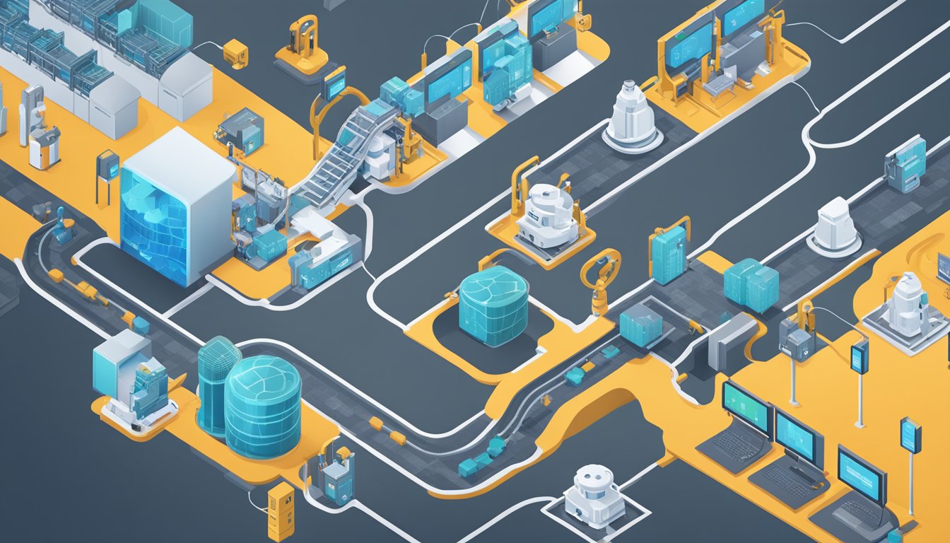 AI algorithms optimize supply chain flow, depicted through interconnected nodes and data streams. Production line efficiency is illustrated with automated processes and real-time monitoring