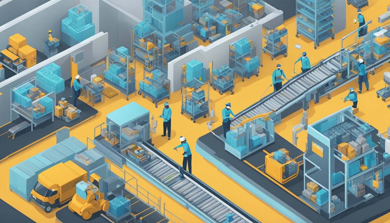 A bustling factory floor with robots efficiently moving products along a conveyor belt, while AI algorithms optimize supply chain logistics in the background