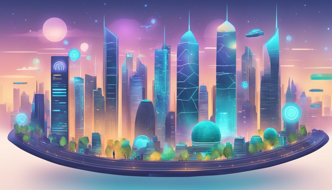 A futuristic city skyline with AI-powered financial institutions and digital transactions taking place seamlessly
