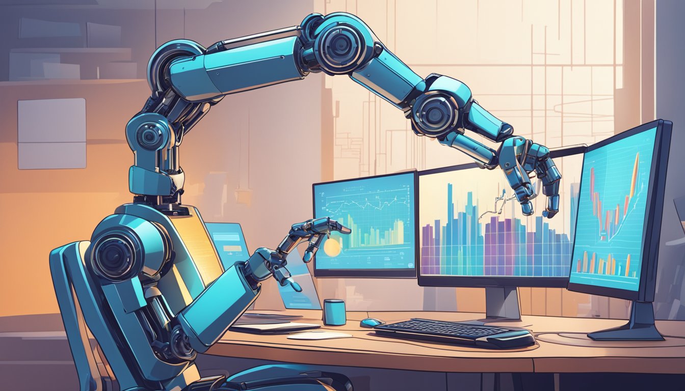 AI algorithms analyzing financial data, graphs, and charts. A robotic arm executing trades. A virtual assistant providing customer service