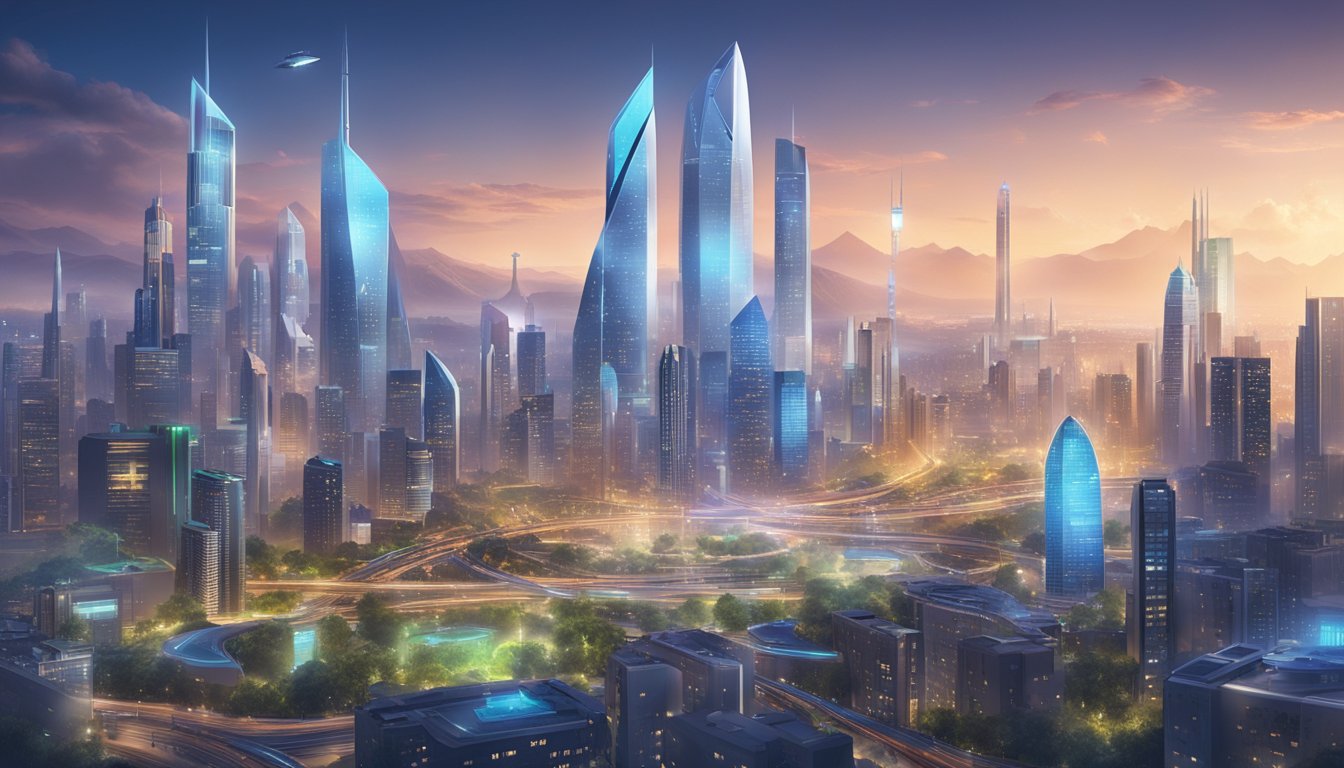 A futuristic city skyline with AI-powered financial institutions dominating the landscape, showcasing their competitive edge and driving market growth