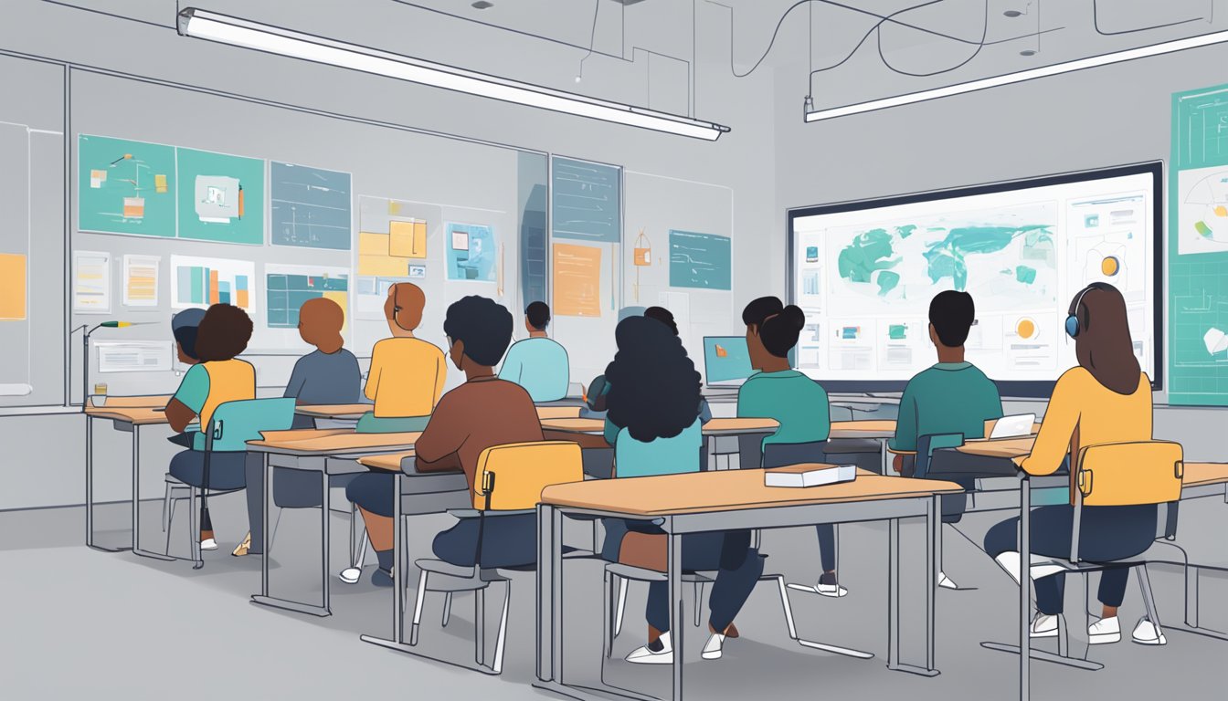 A classroom with AI-powered devices aiding students in learning, with virtual tutors and interactive simulations