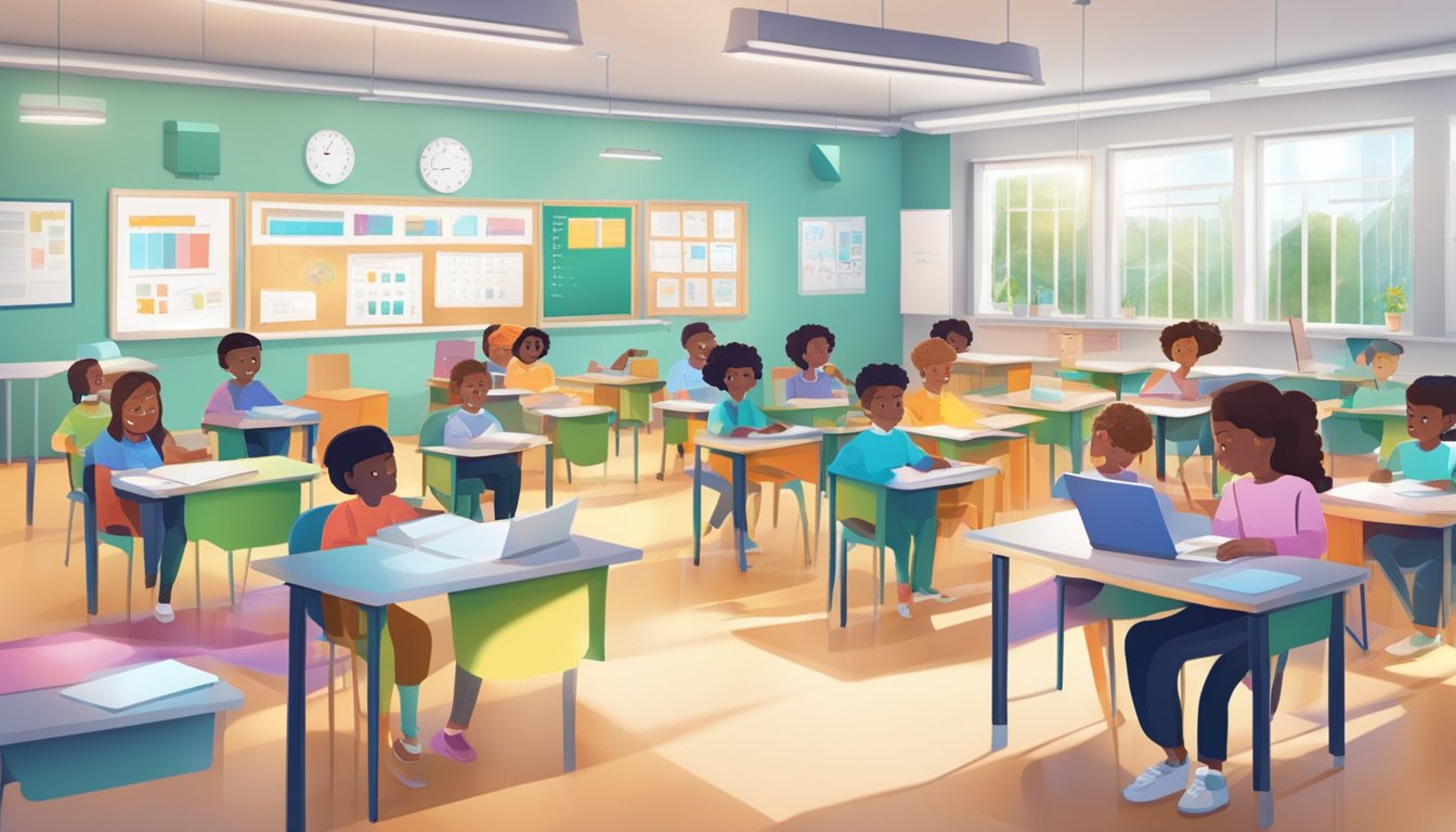 A classroom with AI technology seamlessly integrated into the learning environment, engaging and supporting students in their educational journey