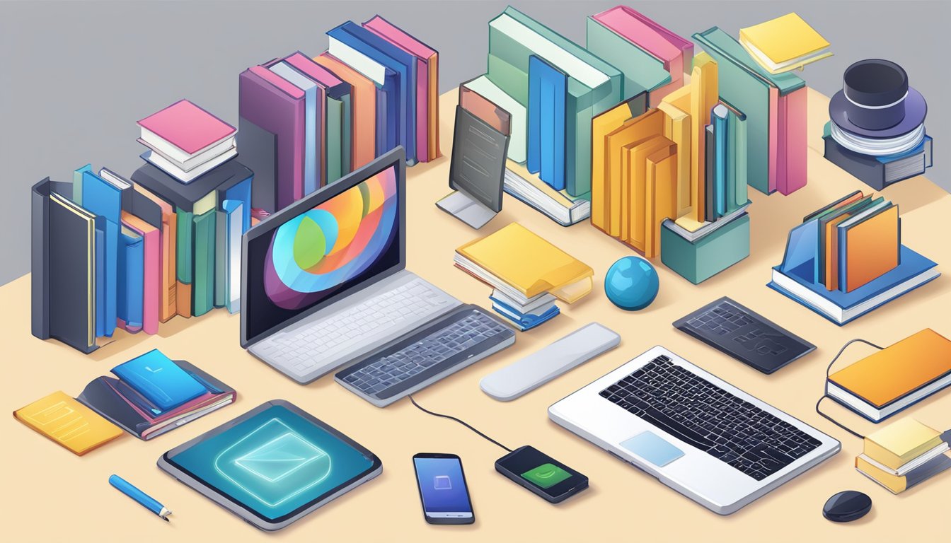 A computer program designs educational materials, surrounded by books and digital devices