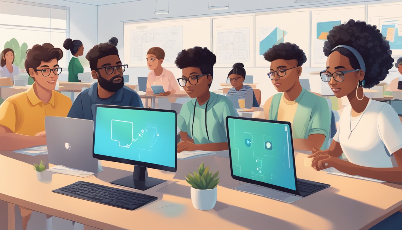 A diverse group of students engage with AI technology in a classroom, ensuring equitable access and ethical considerations