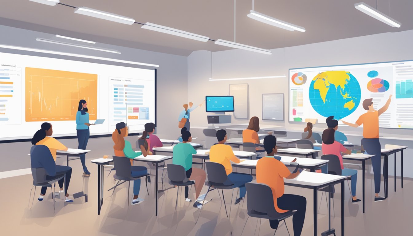 A classroom setting with AI technology displayed on screens, students engaging with data analysis and programming tools, and teachers guiding the learning process