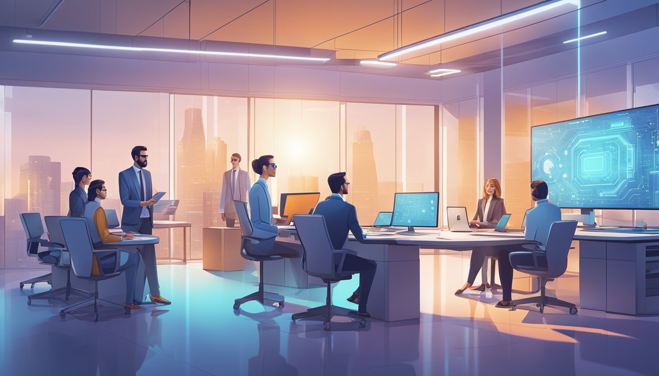 A group of professionals discussing AI automation strategies in a modern office setting with computers and futuristic technology