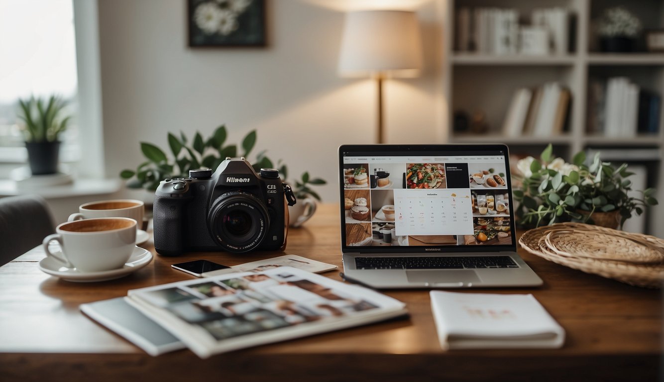 A camera sits on a table surrounded by wedding magazines, photography books, and a laptop displaying online courses. A calendar hangs on the wall with dates circled in red