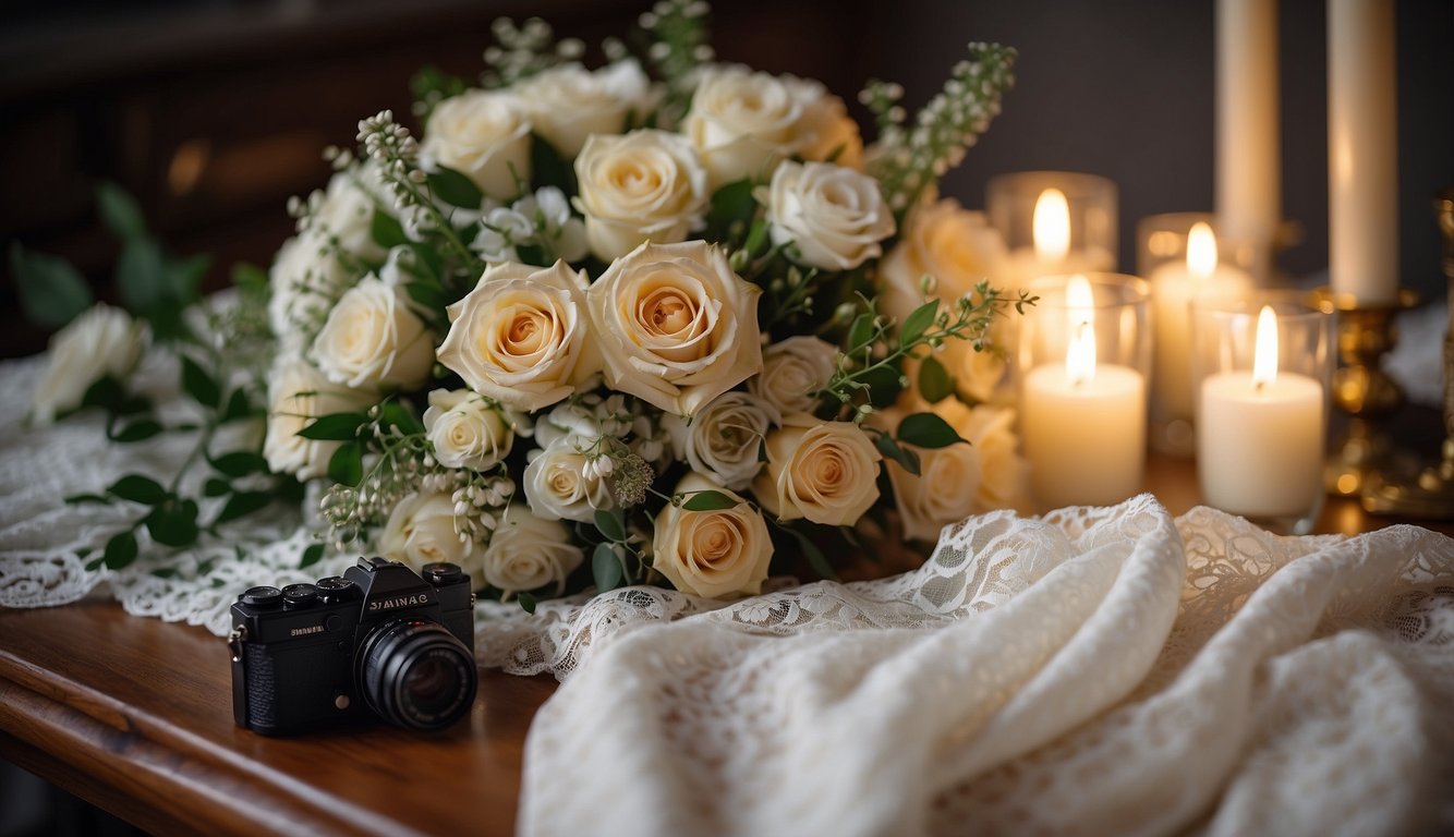 A bride's bouquet rests on a lace-covered table, surrounded by soft candlelight and delicate floral arrangements. A vintage camera sits nearby, capturing the romantic atmosphere