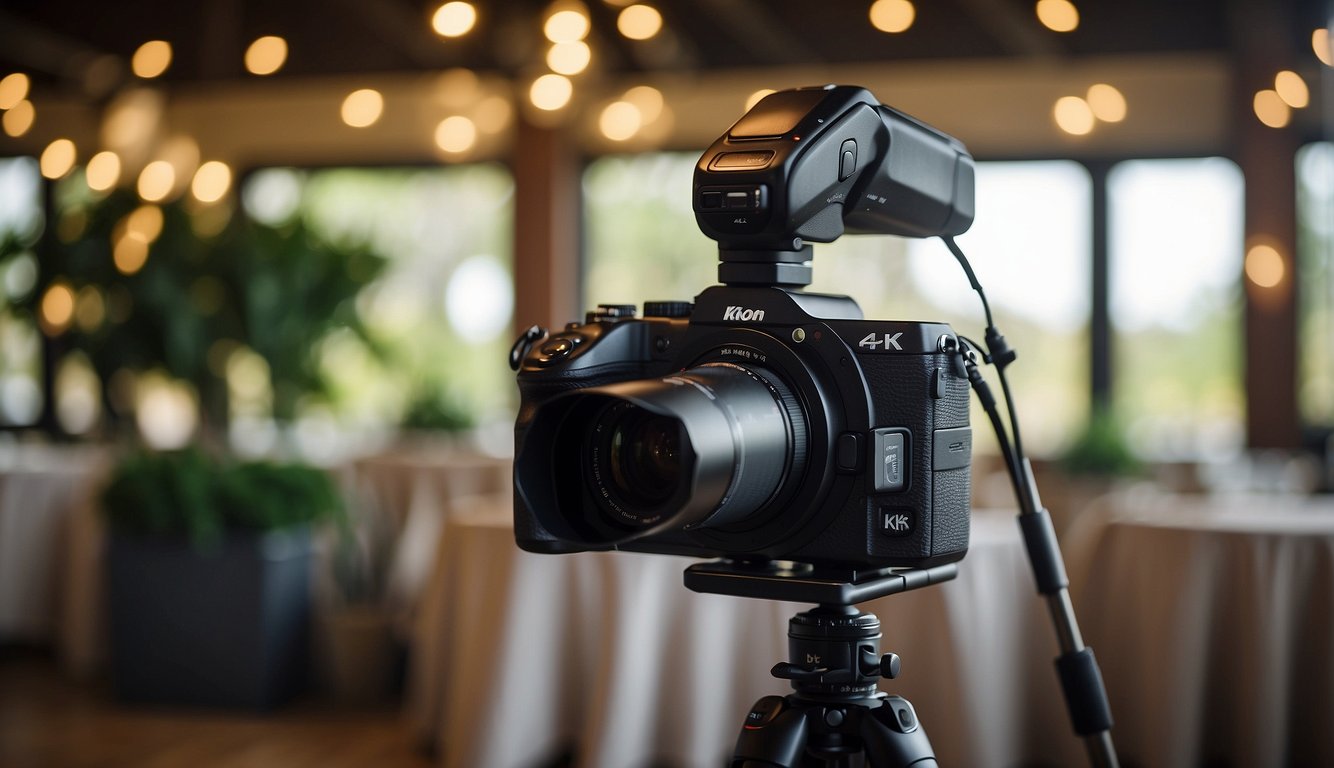 A camera, tripod, and wedding venue set up for a photo shoot