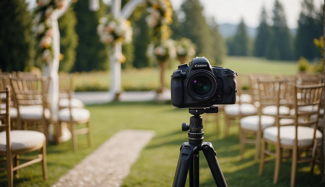 A camera on a tripod facing a beautifully decorated wedding venue, with soft natural lighting and a picturesque backdrop