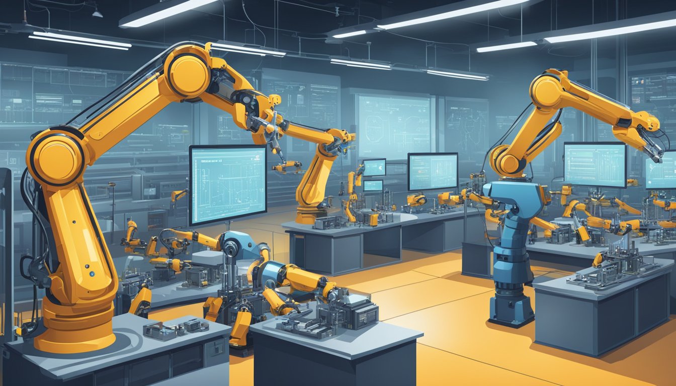 Robotic arms assemble products in a high-tech factory. AI algorithms optimize processes. Engineers monitor data in a control room
