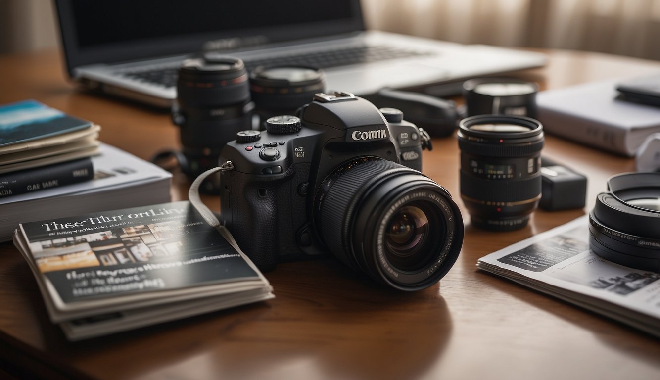 A camera surrounded by wedding magazines, photography books, and a laptop with editing software open, symbolizing the journey of becoming a wedding photographer with no experience