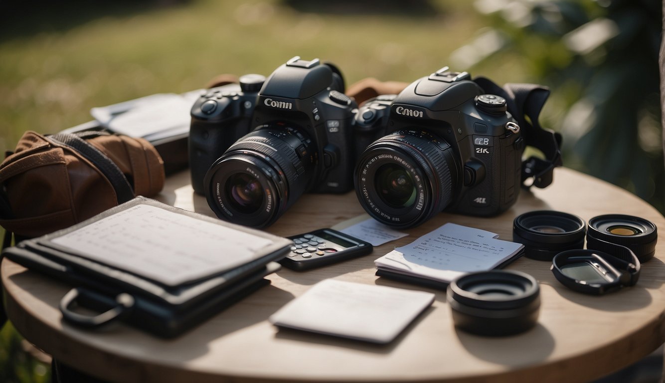 A photographer packs camera gear and checks a schedule for a wedding shoot