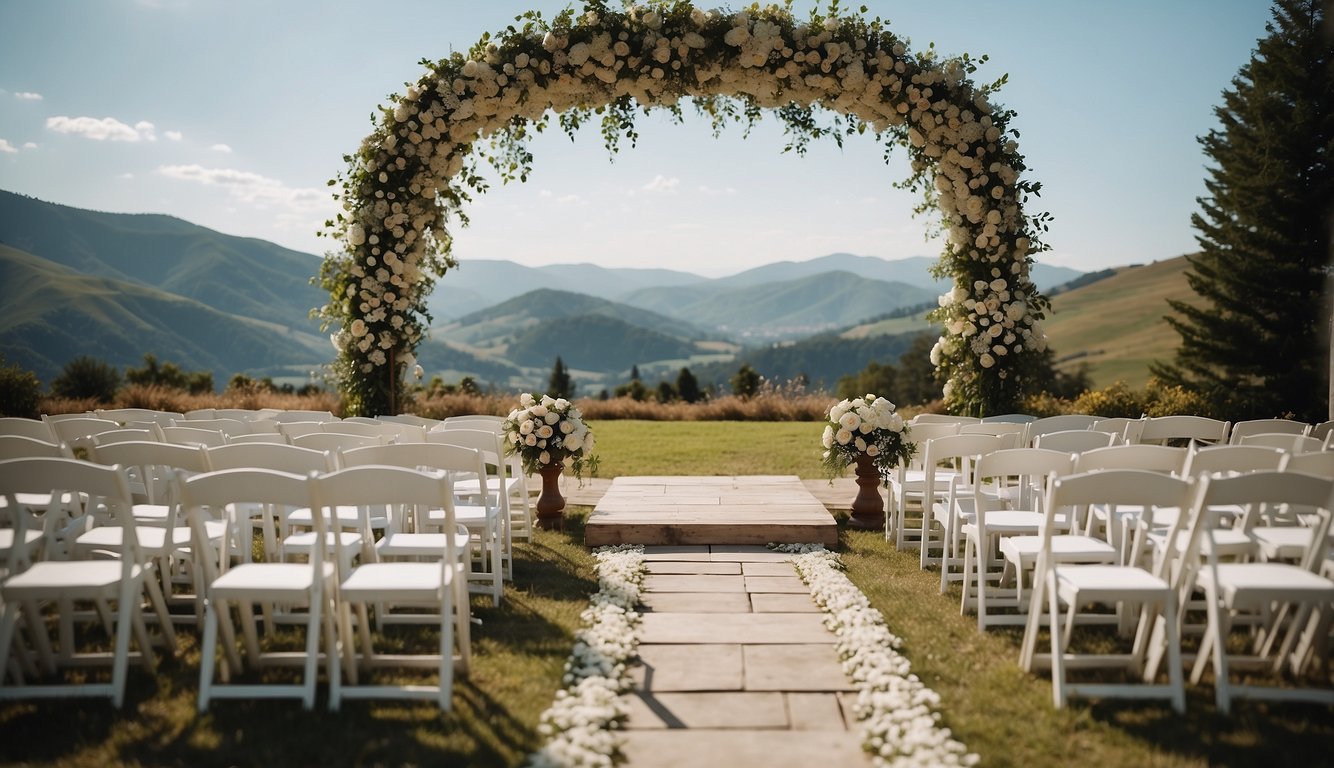 A beautiful outdoor wedding ceremony with a flower-adorned arch, rows of white chairs, and a scenic backdrop of rolling hills and a clear blue sky