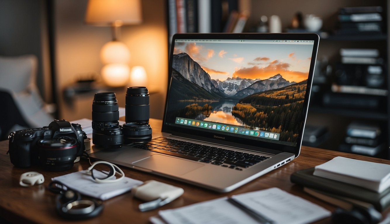 A person researching wedding photography online, surrounded by camera gear, books, and a laptop with financial spreadsheets open