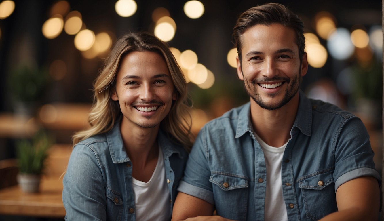 A smiling couple receives excellent service from a photographer. They express satisfaction with the experience