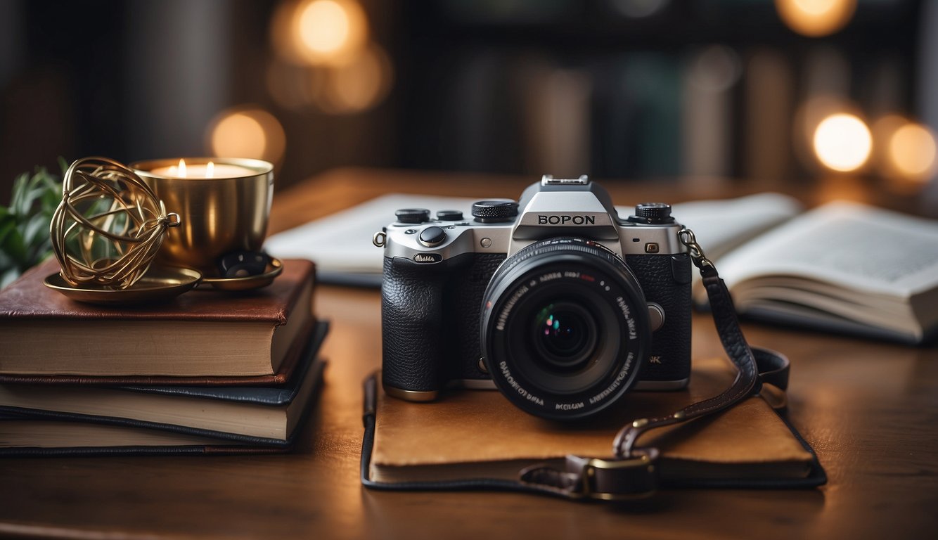 A person holding a camera, studying legal and ethical guidelines for wedding photography. Books and online resources are scattered around the desk