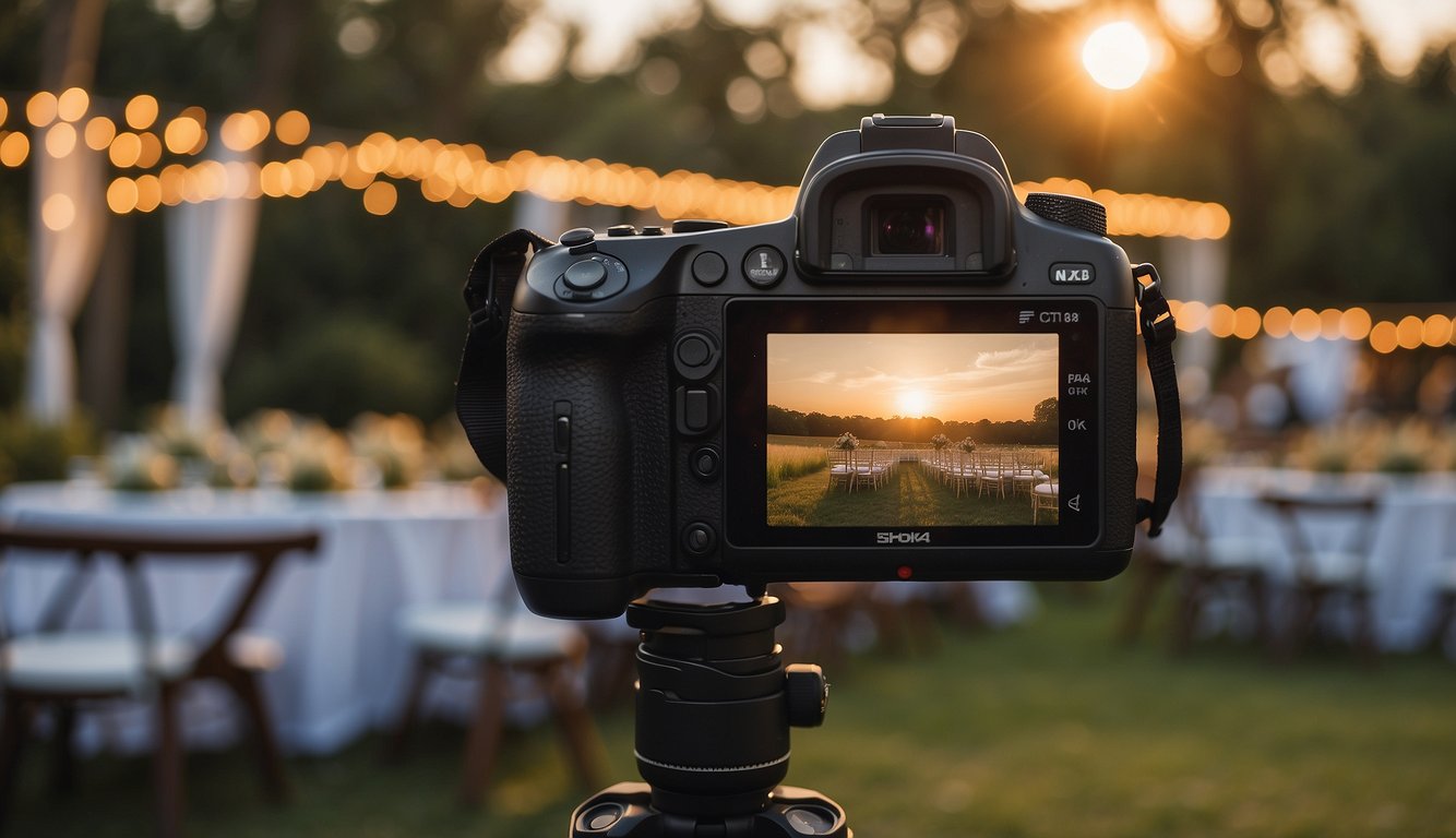 A camera on a tripod facing a beautiful outdoor wedding venue, with a soft golden light illuminating the scene