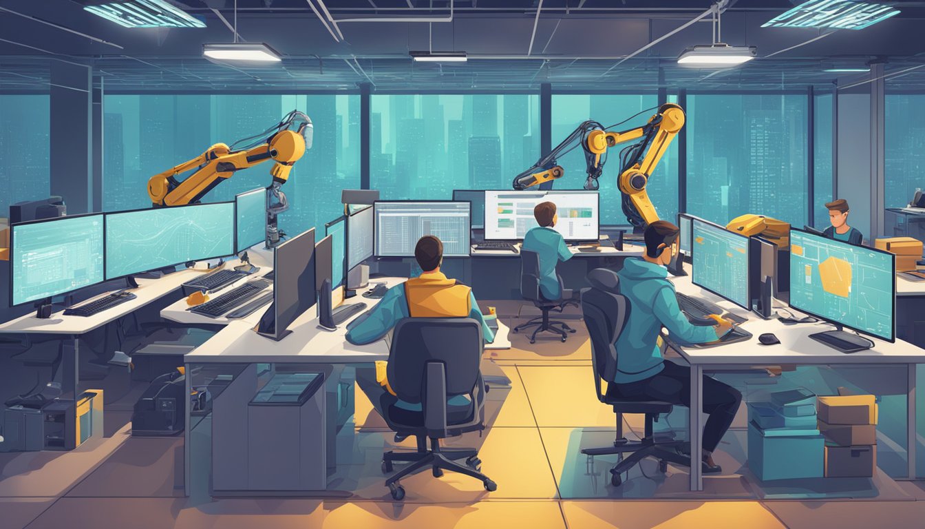 Developers coding AI algorithms, surrounded by computer screens and robotic arms performing tasks