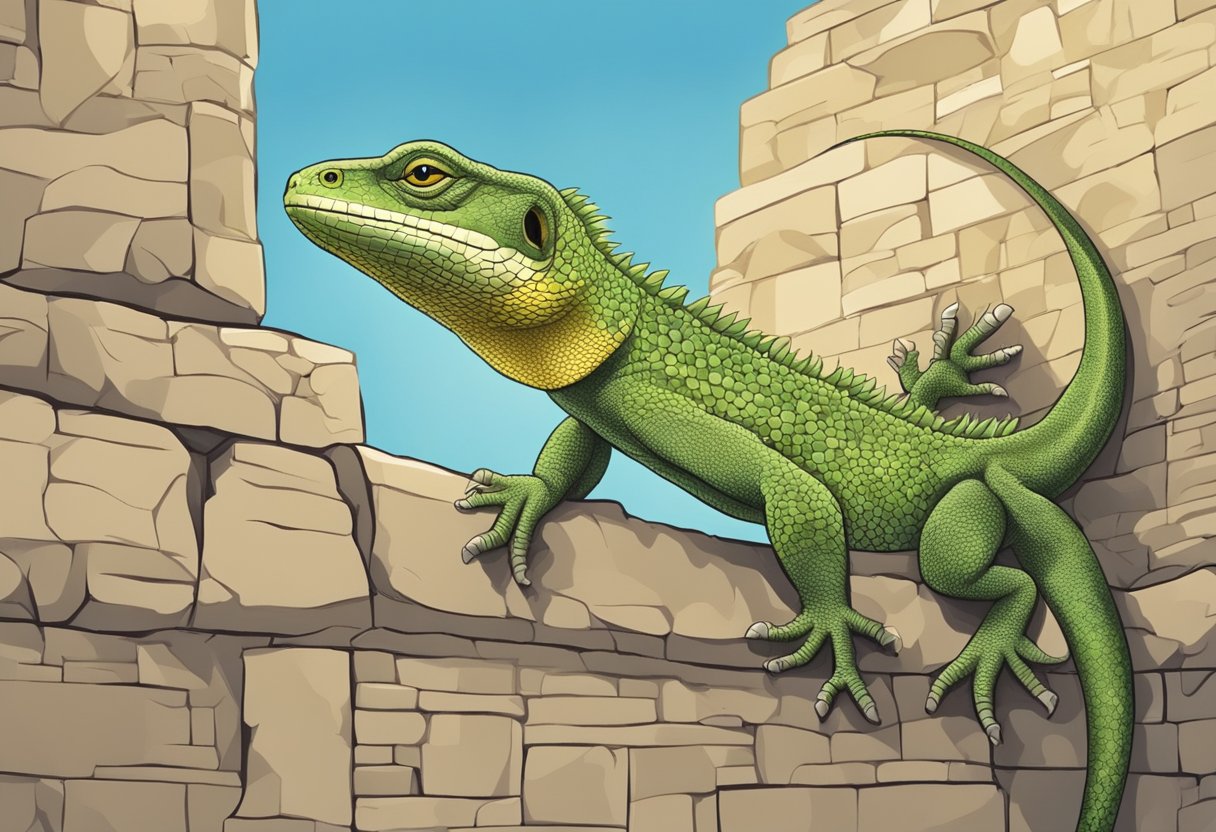 A lizard climbs a wall, symbolizing dreams of transformation and renewal in biblical interpretation