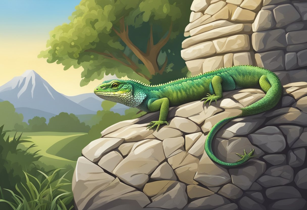 A lizard crawls up a stone wall, symbolizing transformation and renewal in biblical dreams