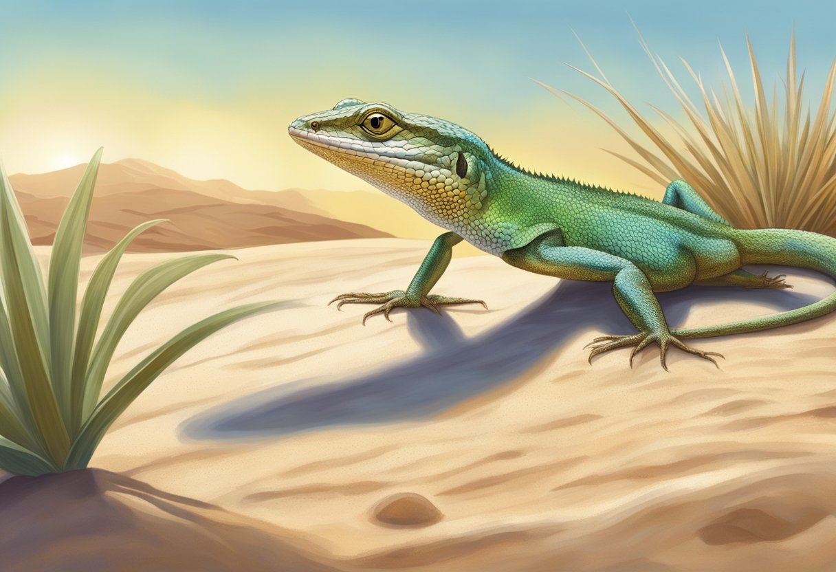 A common lizard crawls across a desert landscape, with a shimmering oasis in the distance. The lizard's scales glisten in the sunlight, symbolizing transformation and renewal in dreams