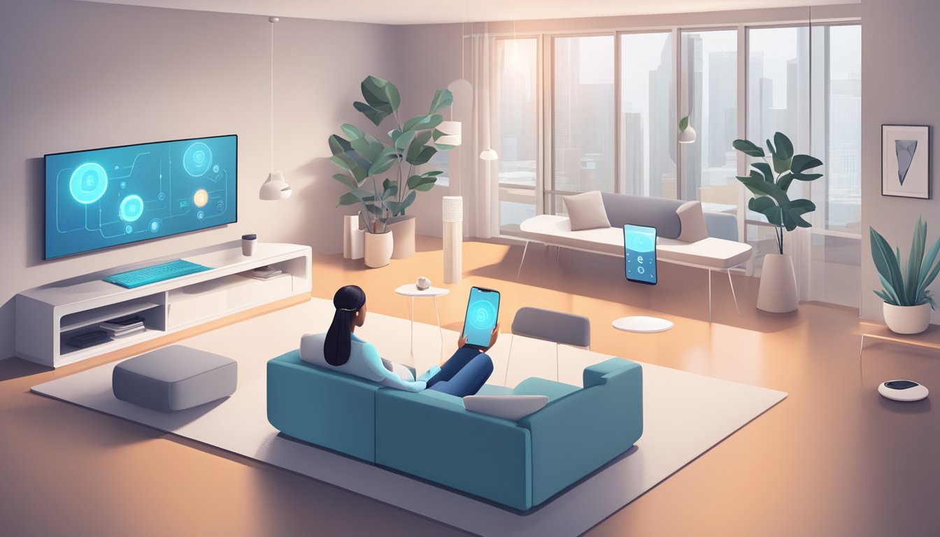 A sleek, futuristic virtual assistant using AI technology interacts with multiple devices, seamlessly integrating into a modern smart home environment