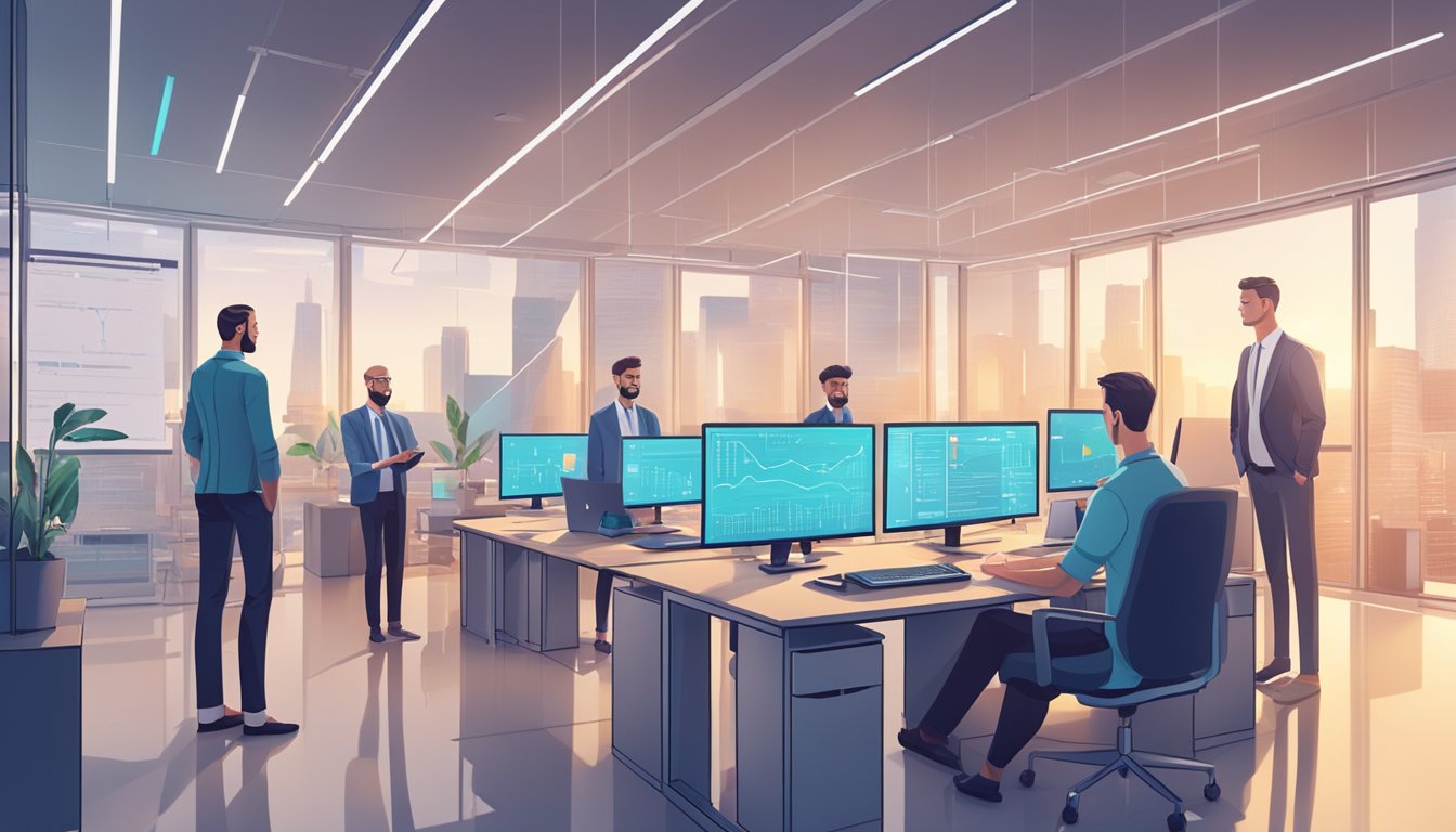 A team of project managers oversee AI automation processes in a modern office setting with computer screens and data analytics tools