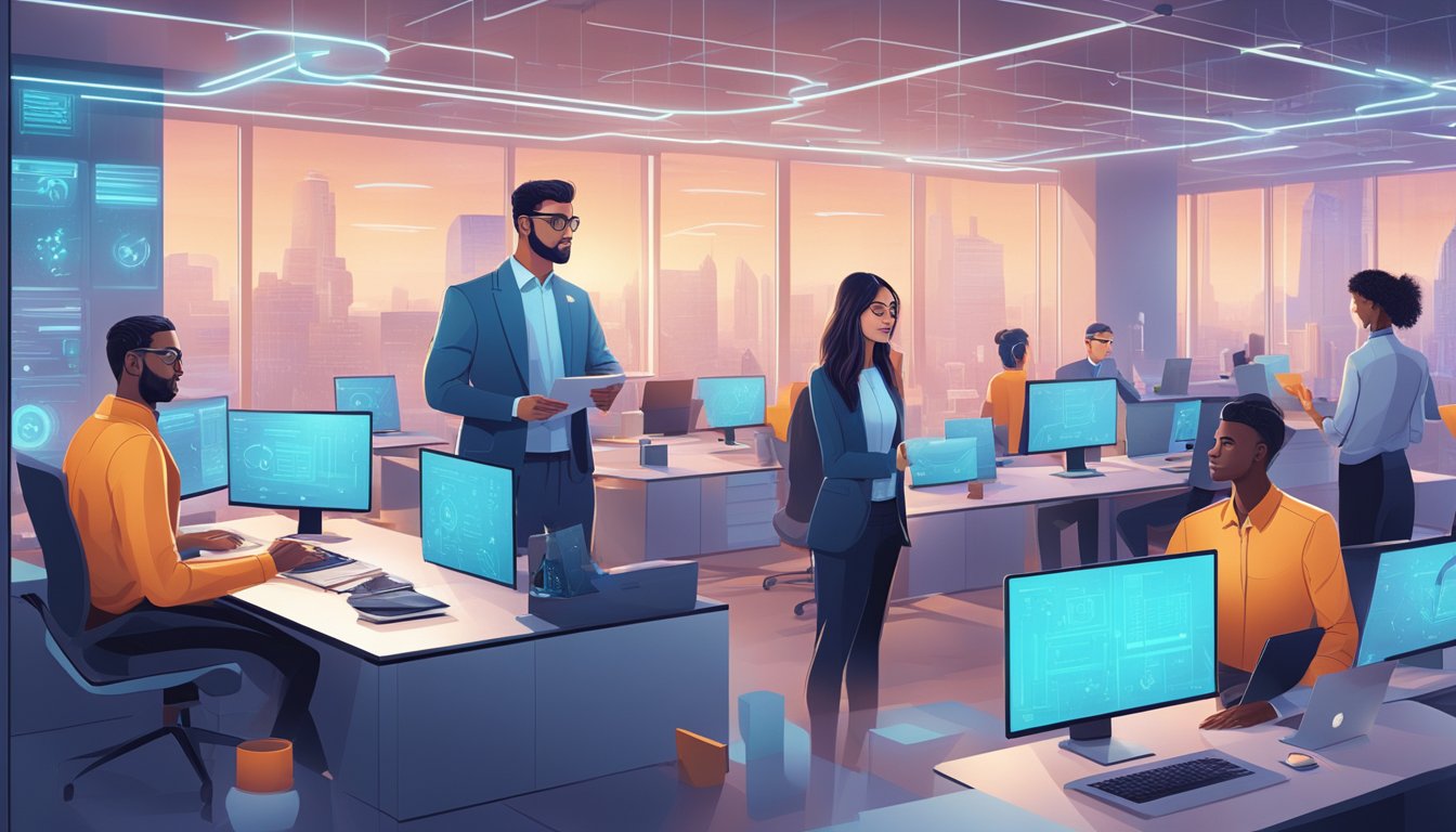 AI project managers coordinating tasks with automated systems in a futuristic office setting