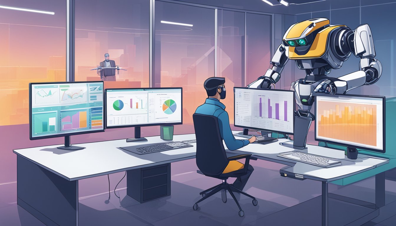 AI tools surround a project manager at a desk, with charts and graphs on the screen. A robot arm operates a computer, while a drone hovers nearby