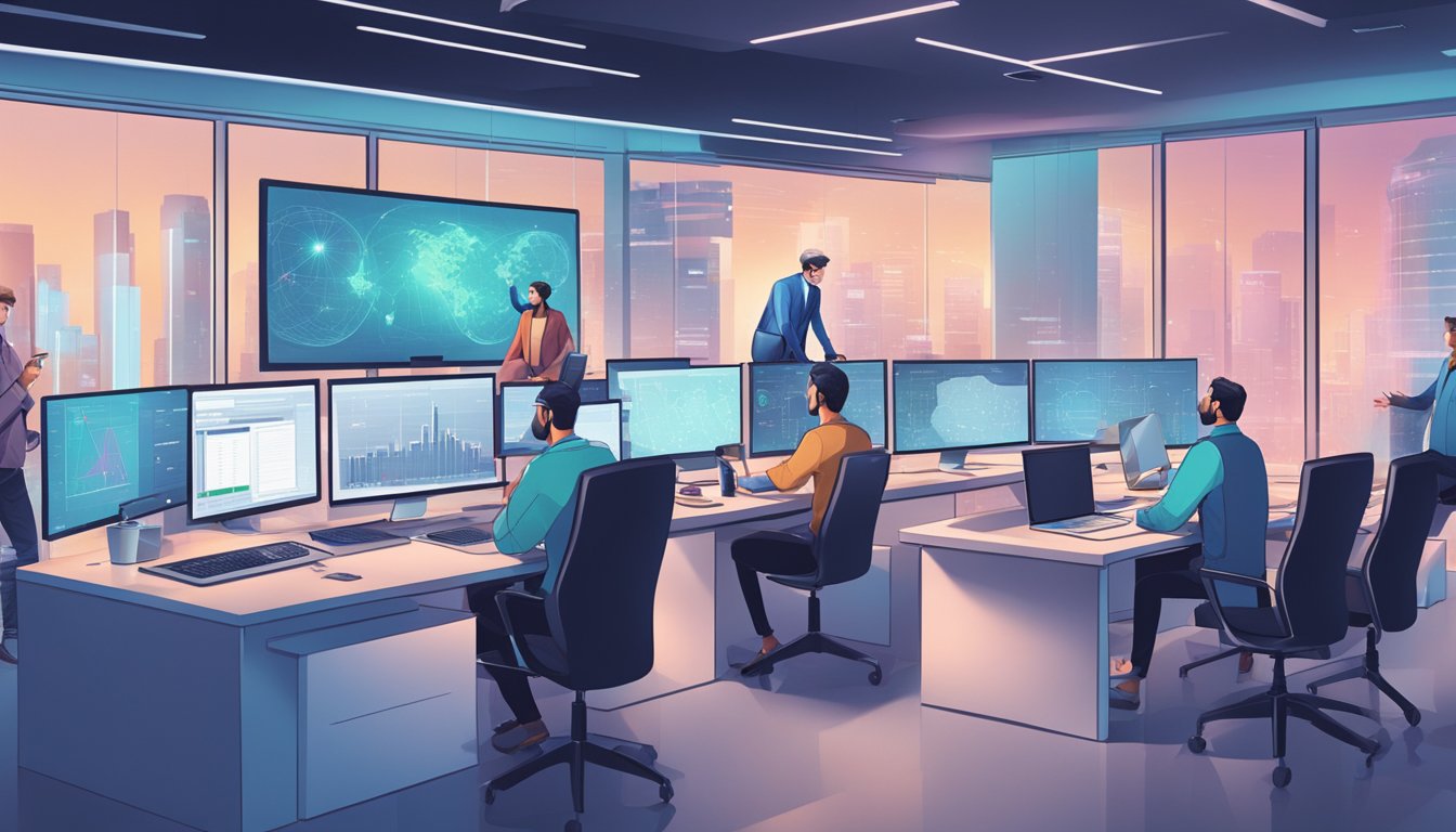 AI researchers and analysts collaborating in a modern office, surrounded by computer screens and data visualizations