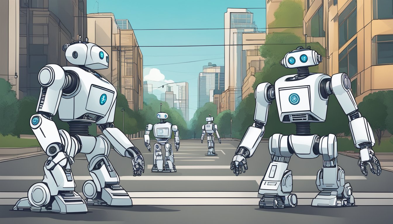 A group of AI robots stand at the intersection of two paths, one labeled "Leadership" and the other "AI Automation." The robots are in deep discussion, symbolizing the merging of human leadership with AI technology