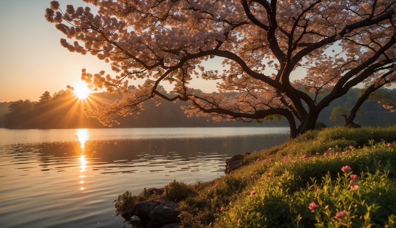 A bright sunrise over calm waters, with two trees entwined and blooming with vibrant flowers