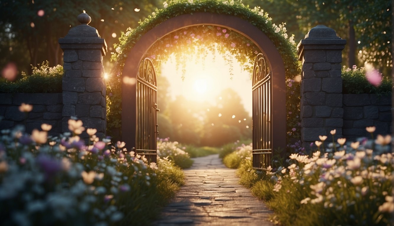 A bright, radiant light shines down from the heavens, illuminating a path of flowers and hearts leading towards a beautiful, open gate