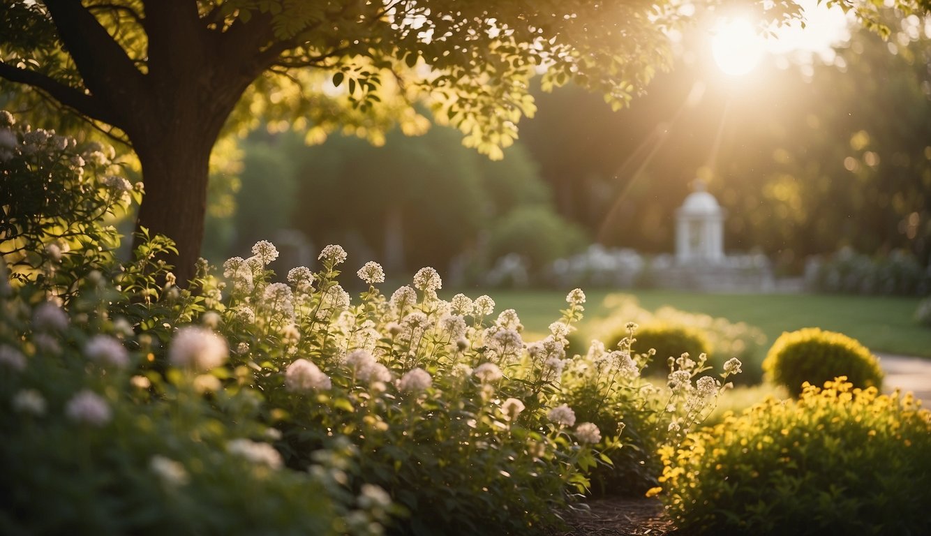 A serene garden with blooming flowers, a gentle breeze, and a warm, golden sunlight filtering through the trees. A sense of peace and harmony fills the air, reflecting the qualities of a healthy Christian relationship