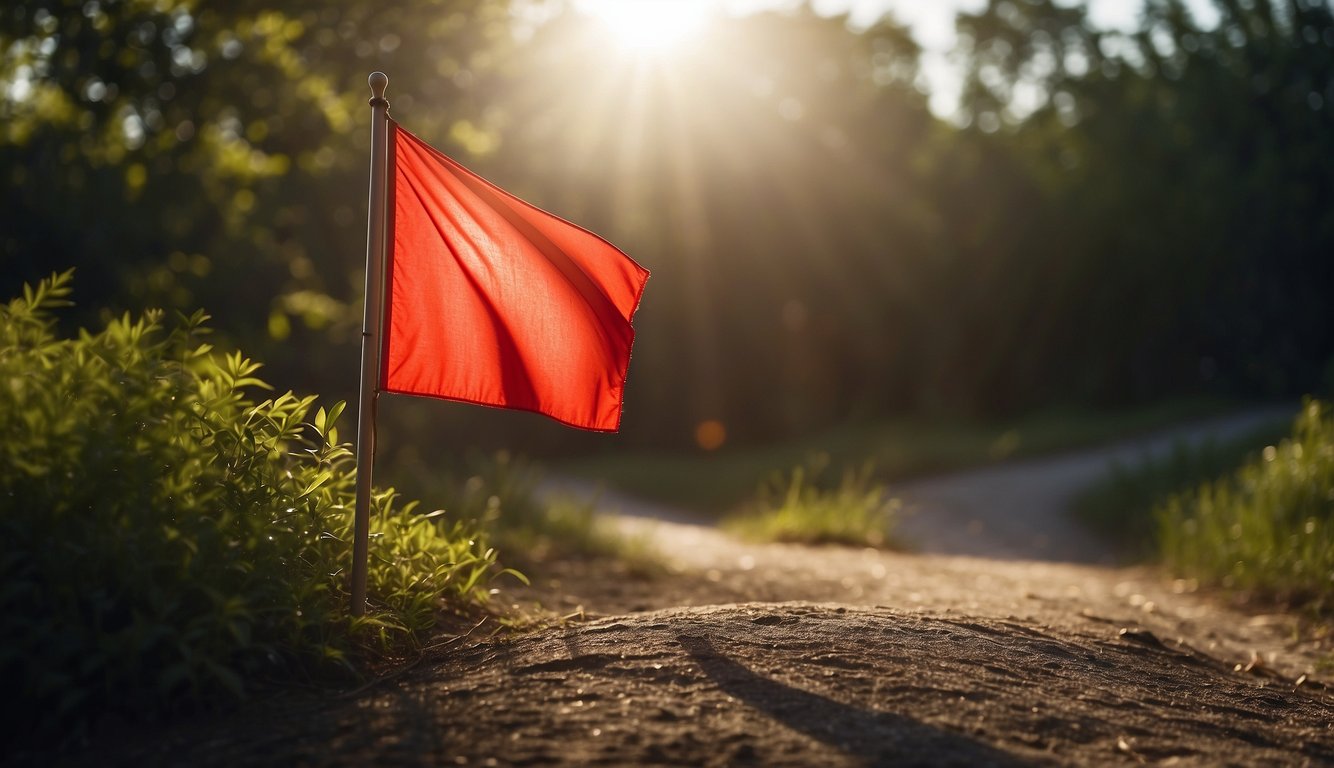 A bright red flag flutters in the wind, while a beam of light shines down from the sky, illuminating the path ahead