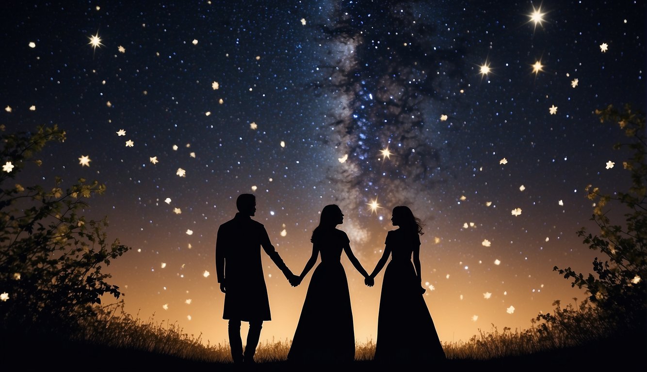 A couple's silhouette under a shining starry sky, surrounded by blooming flowers and a gentle breeze, symbolizing the blessings of a great relationship