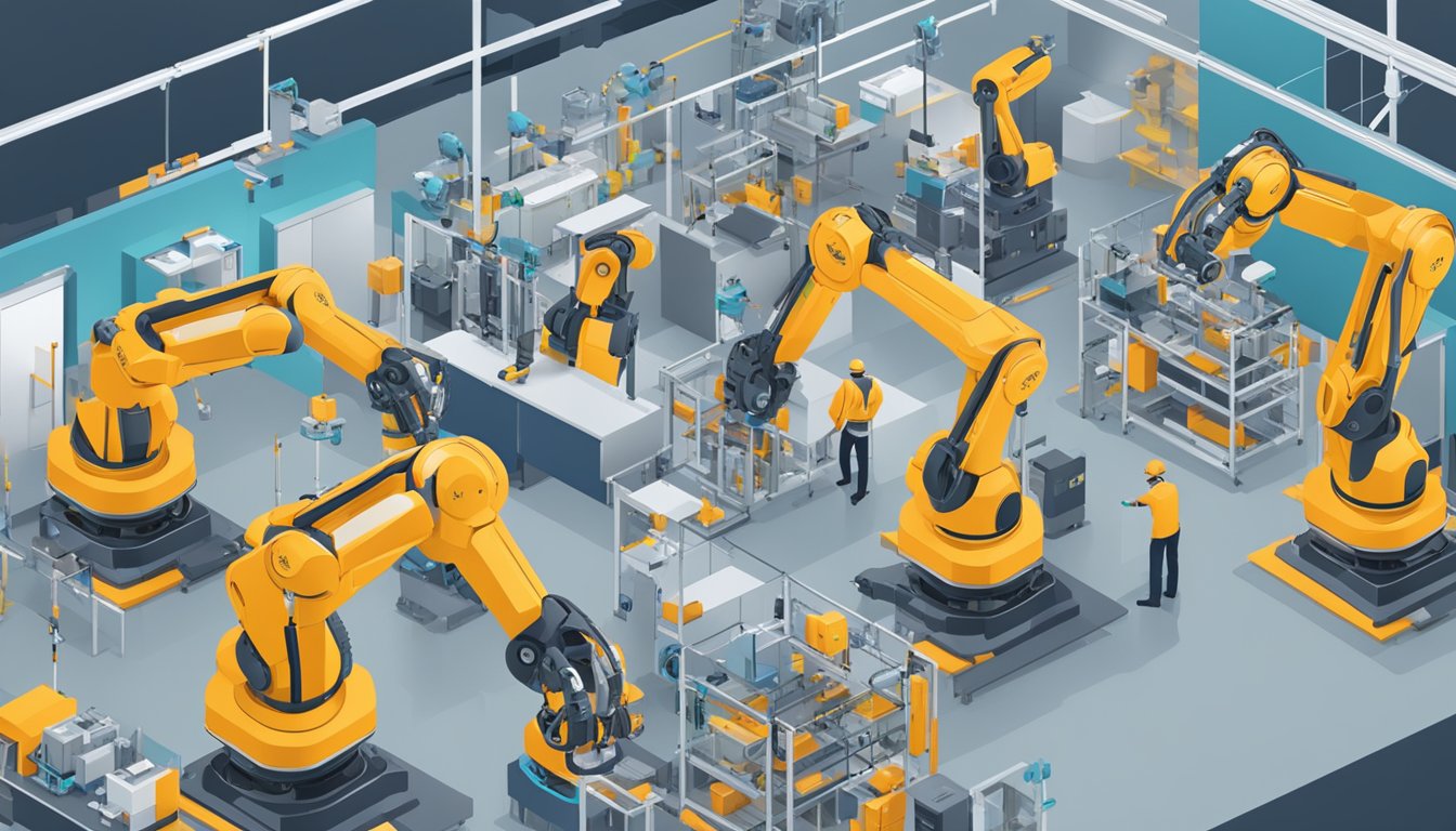 Robotic arms assembling components in a factory, guided by AI software