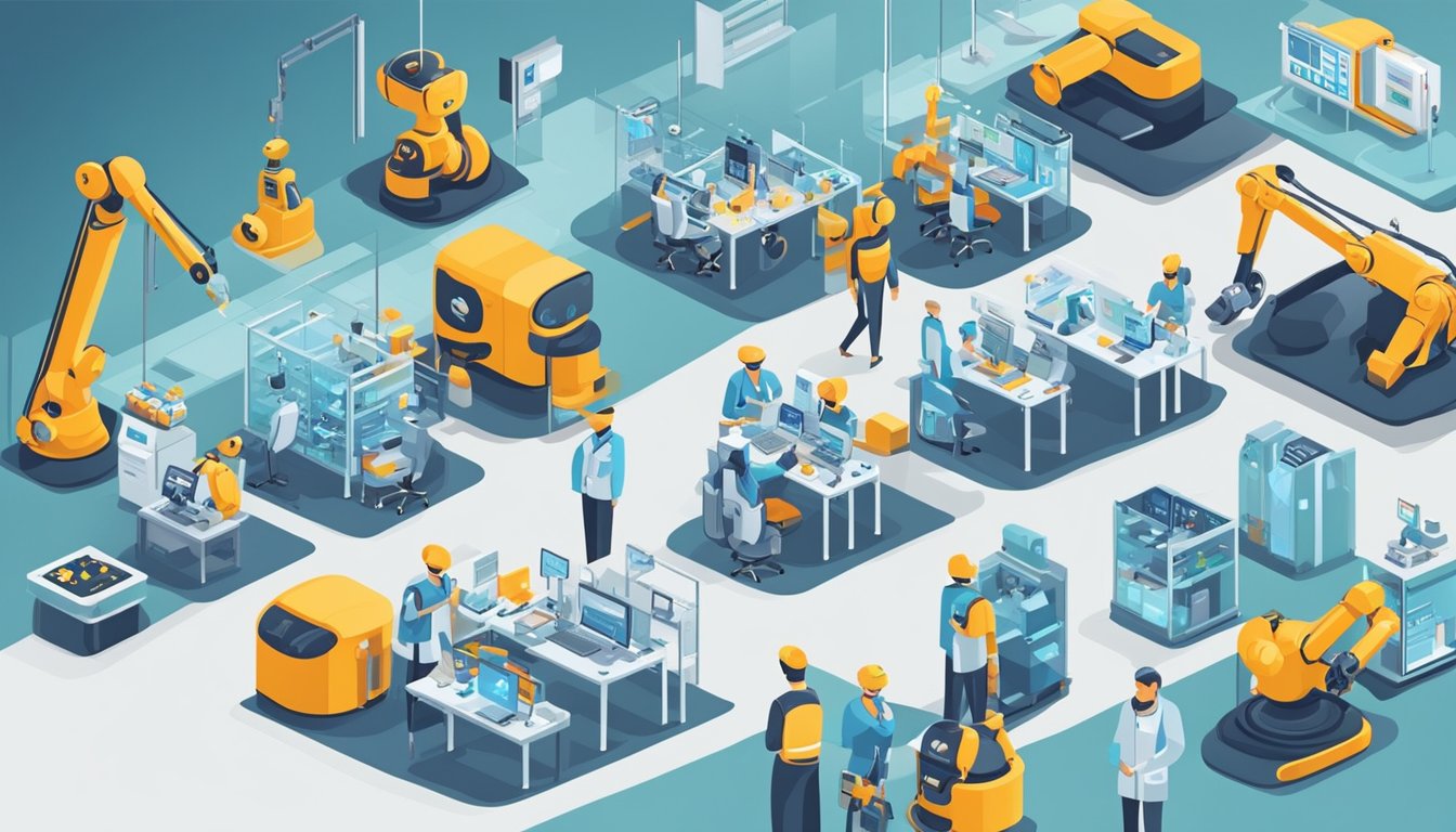 Various sectors: factory, office, hospital, and retail. Robots and machines performing tasks. AI algorithms analyzing data. Efficient and automated processes