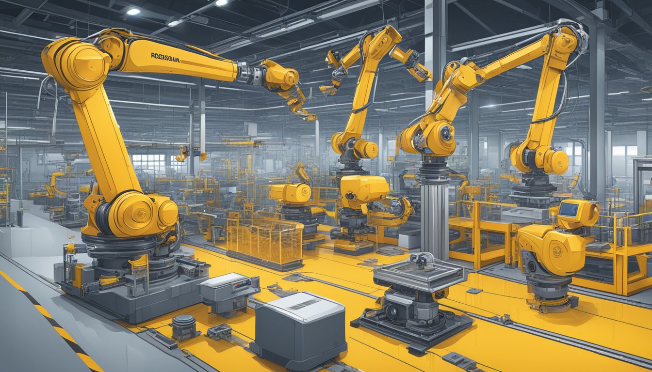 Robotic arms assembling complex machinery, while AI algorithms monitor and adjust processes. Potential hazards marked with caution signs