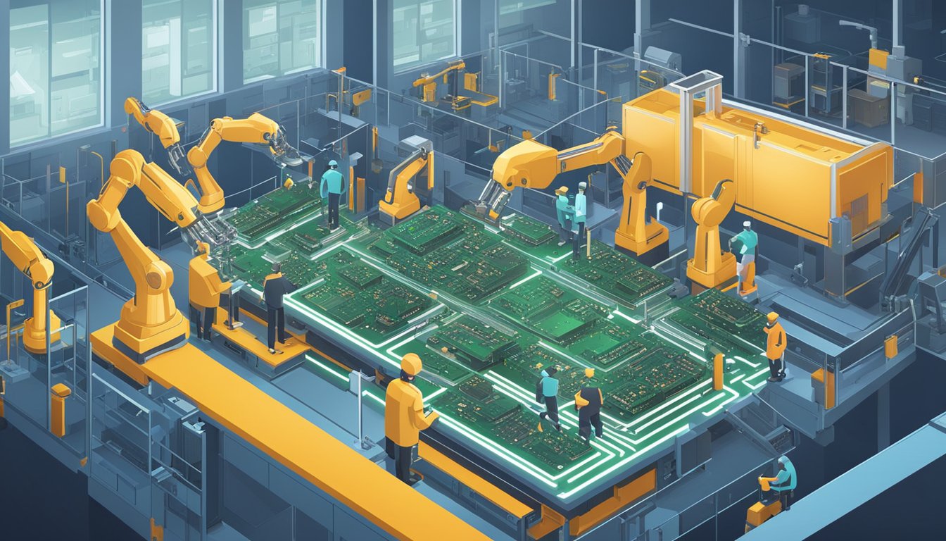 Robotic arms assemble circuit boards in a high-tech factory. AI software controls the process with precision