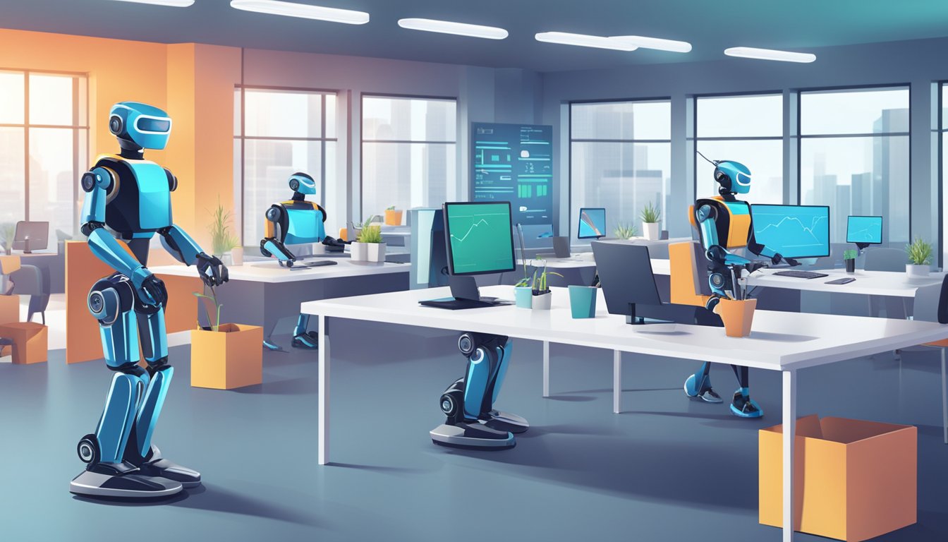 AI robots performing various tasks in a modern office setting. Computer screens display data and graphs. Robots move around autonomously